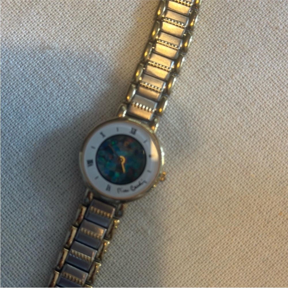 Pierre Cardin Gold Tone Bracelet Watch with Blue-Green Mother of Pearl Dial